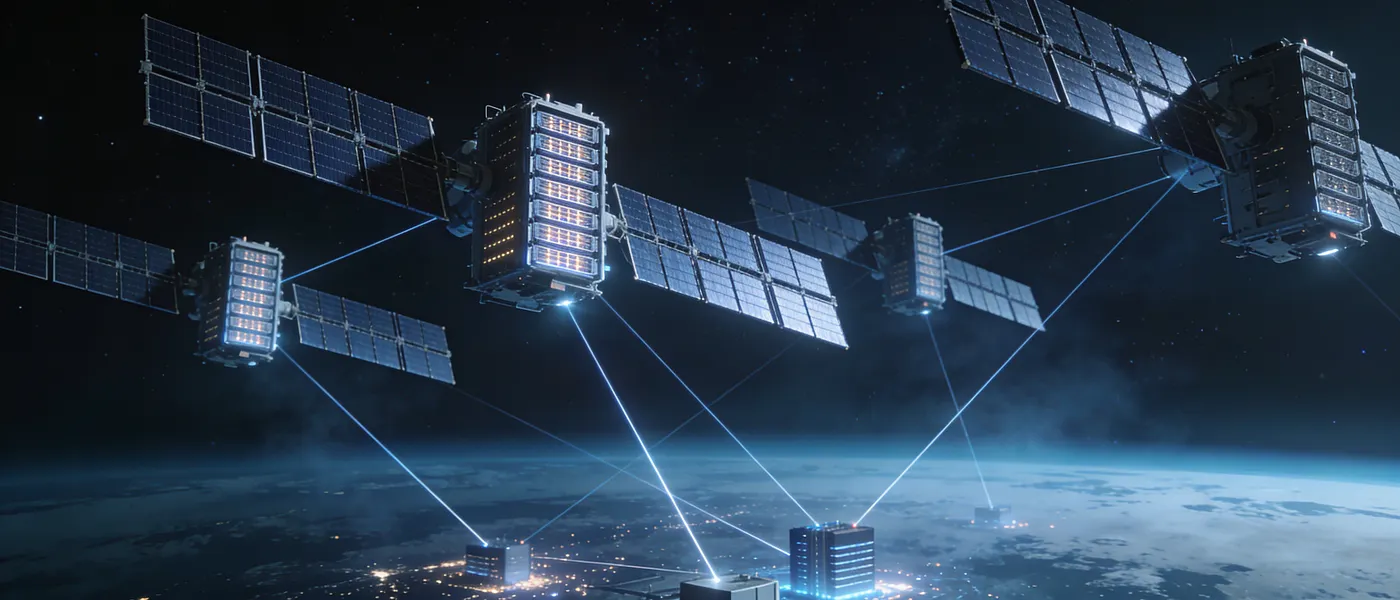 A constellation of LEO satellites with solar arrays, linked by laser inter-satellite links down to a city on Earth at night